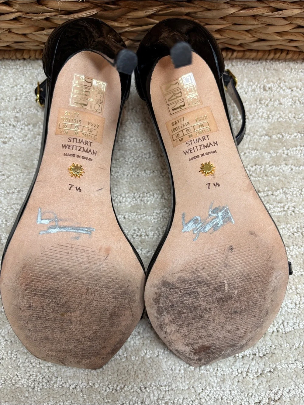 Stuart Weitzman Black Patent Ankle-Strap Heels Size 7.5 EUC